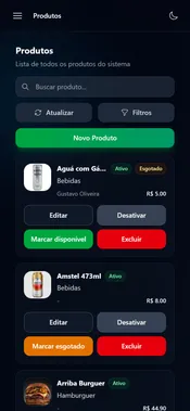 Tela de gestão de produtos do cardápio digital para restaurante